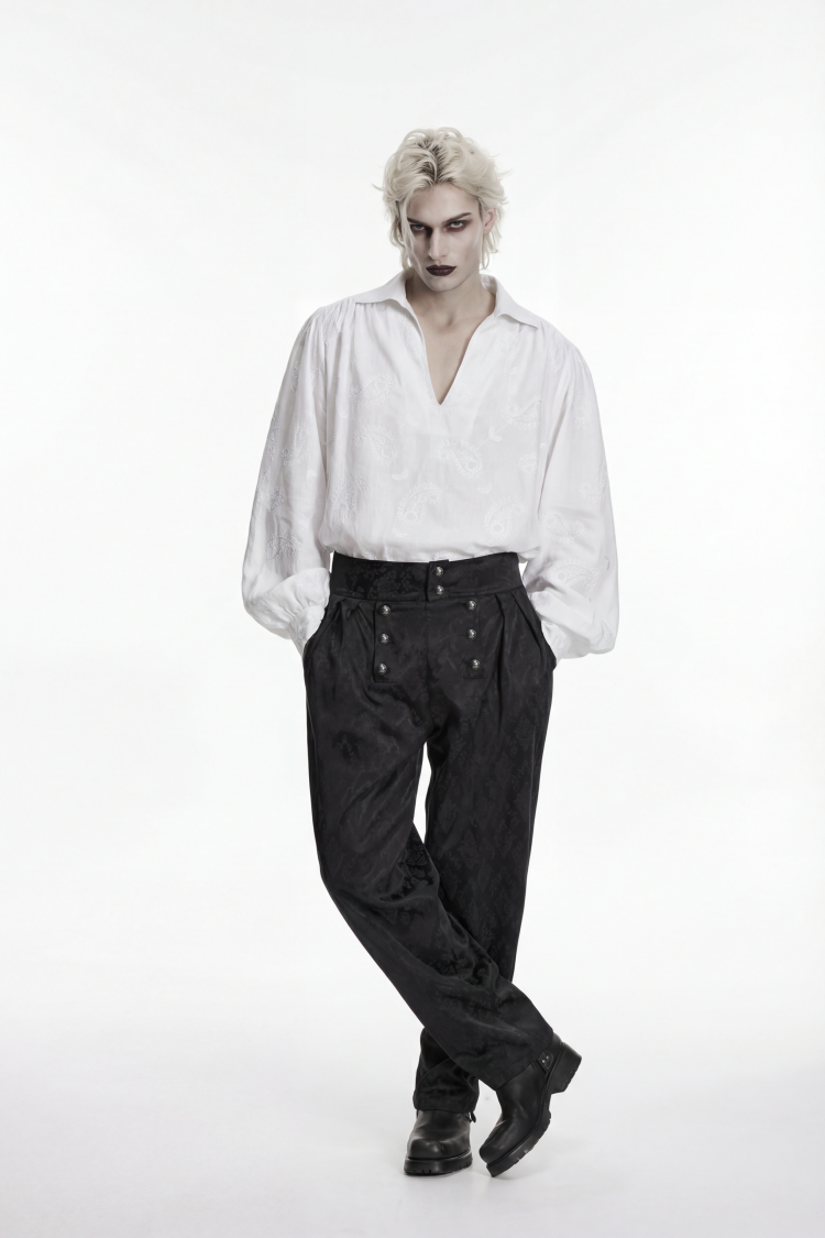 Ivory Embroidered Gothic Shirt with Lantern Sleeves and Print