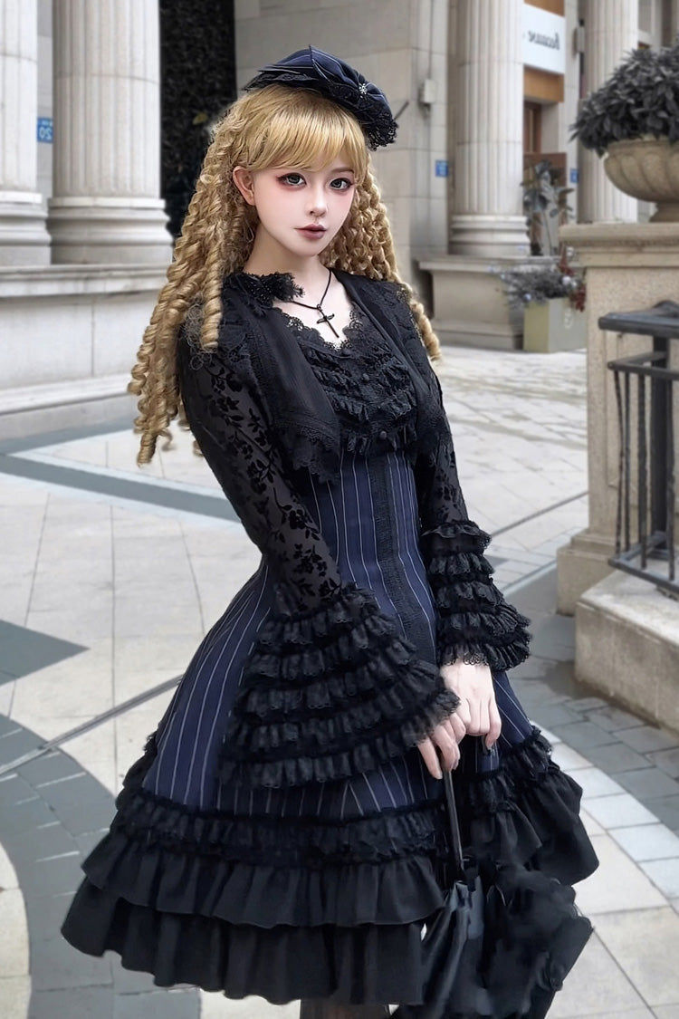 Escape Double-Layered Jacquard Striped Ruffled Slim Gothic Lolita Jumper Dress in Three Shades