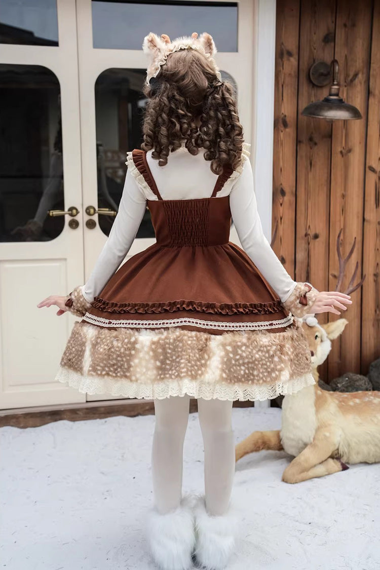 Brown Hazelnut Moose Sleeveless Ruffled Bow Plush Sweet Jsk Dress