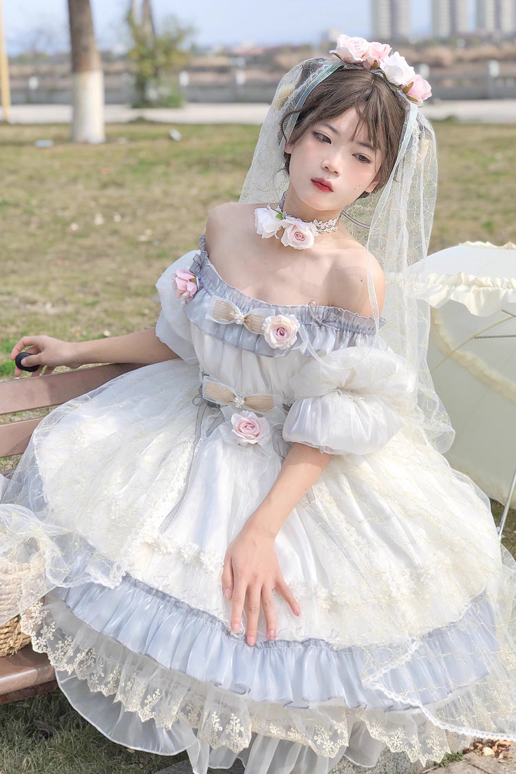 Princess Lolita Dress with Multi-Layer Ruffles, Bowknot, Lace-Up, Grey/Blue