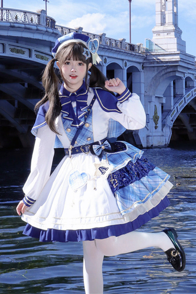 White Blue Starlight Academy Style Long Sleeves Printed Ruffled Spliced Asymmetric Faux Two-Piece Sweet Dress