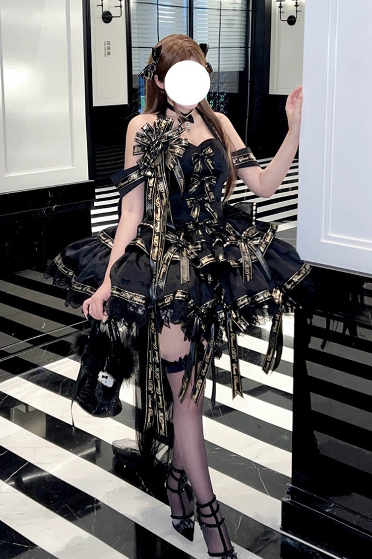 Noir Halter Neck Layered Ruffle Bow Princess Gothic Dress - Young Lady