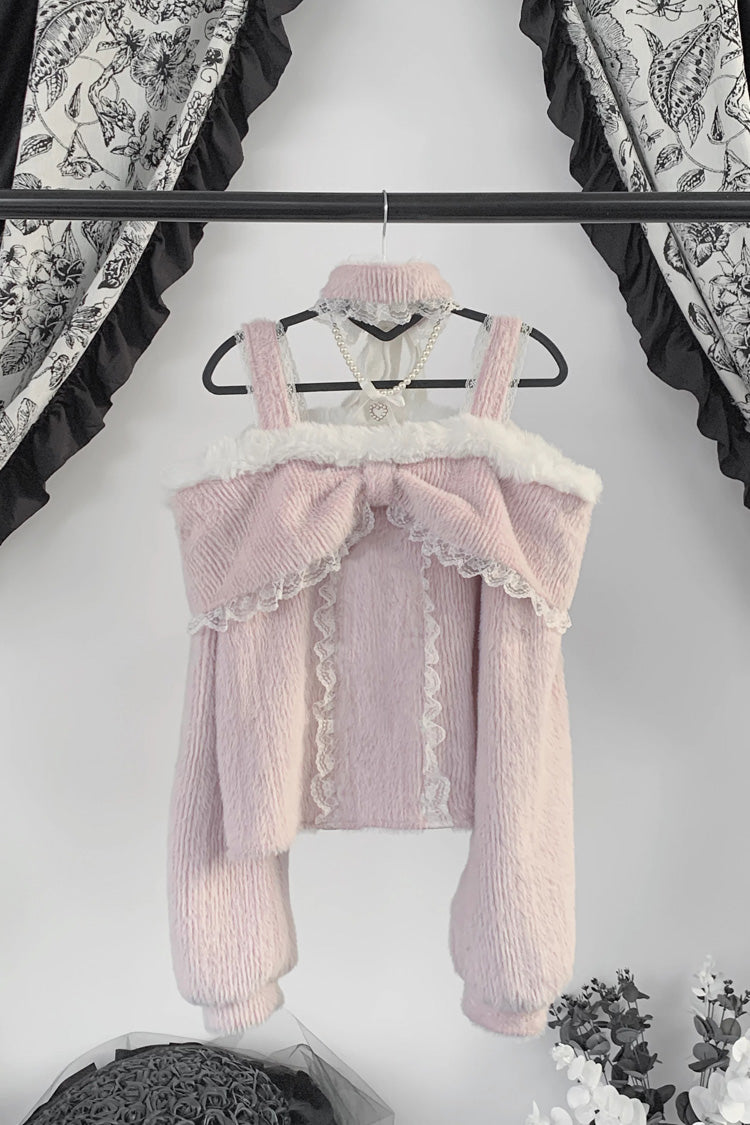 Off Shoulder Long Sleeves Lace Sweet Japanese Fleece-Lined Top