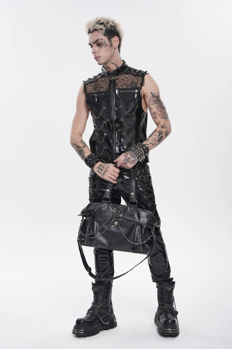Noir Punk Vest with Chains, Studs, and Mesh Accents