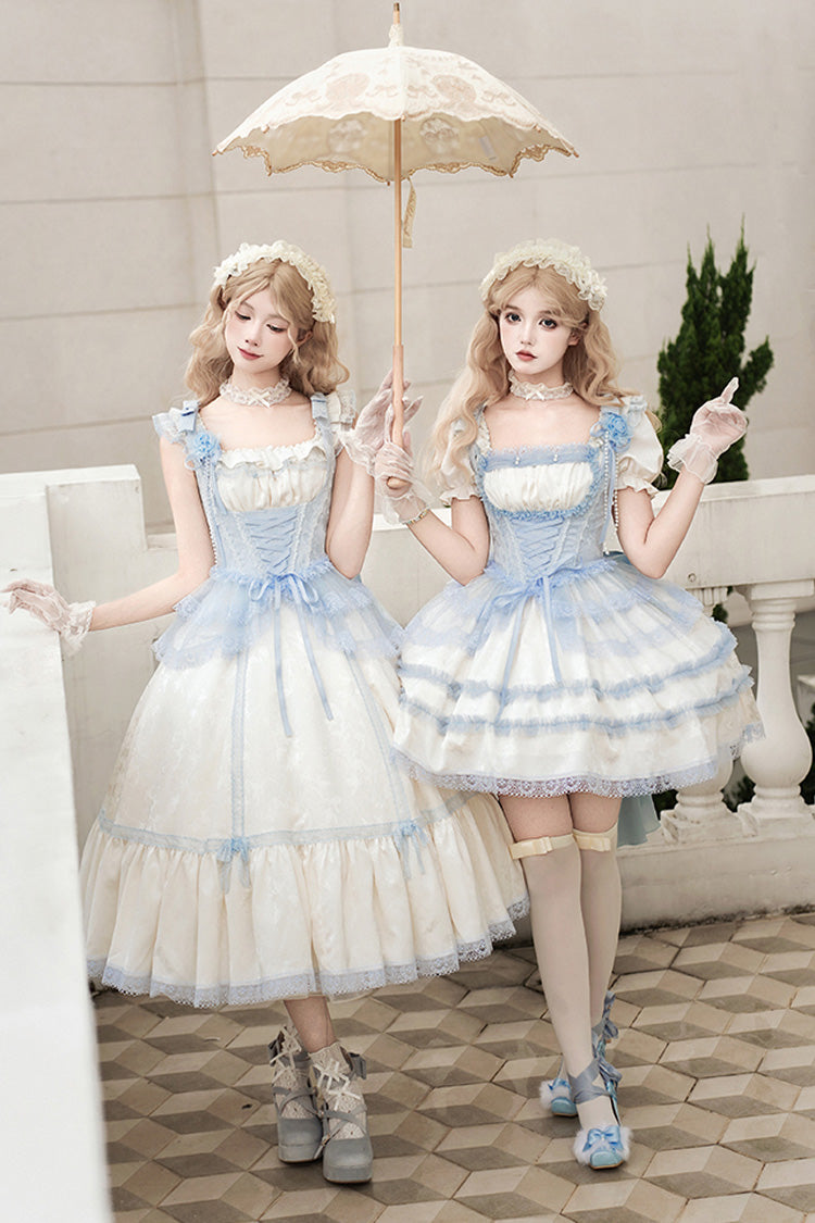 Ivory Square Collar Flutter Sleeve Ruffle Fishbone Sweet Long Jumper - Sea Salt Iced Tea