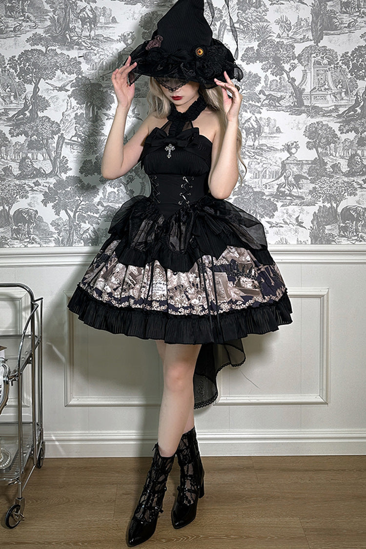 Black Halterneck Print Bowknot Drawstring Gothic Lolita Dress