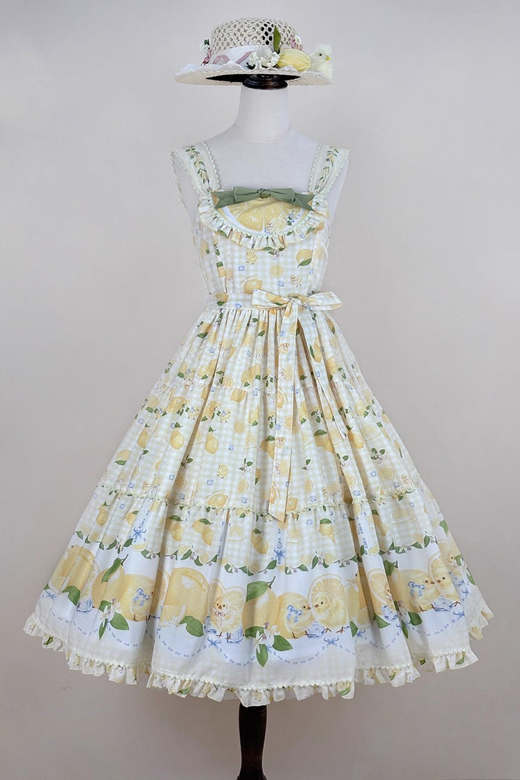 Sunshine Printed Ruffle Bow Lace Sweet Long Jumper - Lemon Chicken