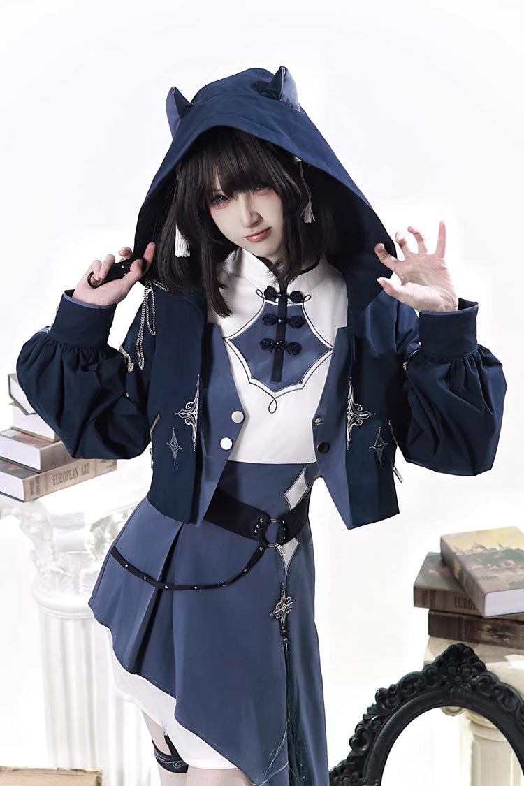 Stand Collar Long Sleeves Embroidered Hooded Asymmetric Punk Ouji Lolita Dress Four-Piece Set - Indigo Shadow Journey