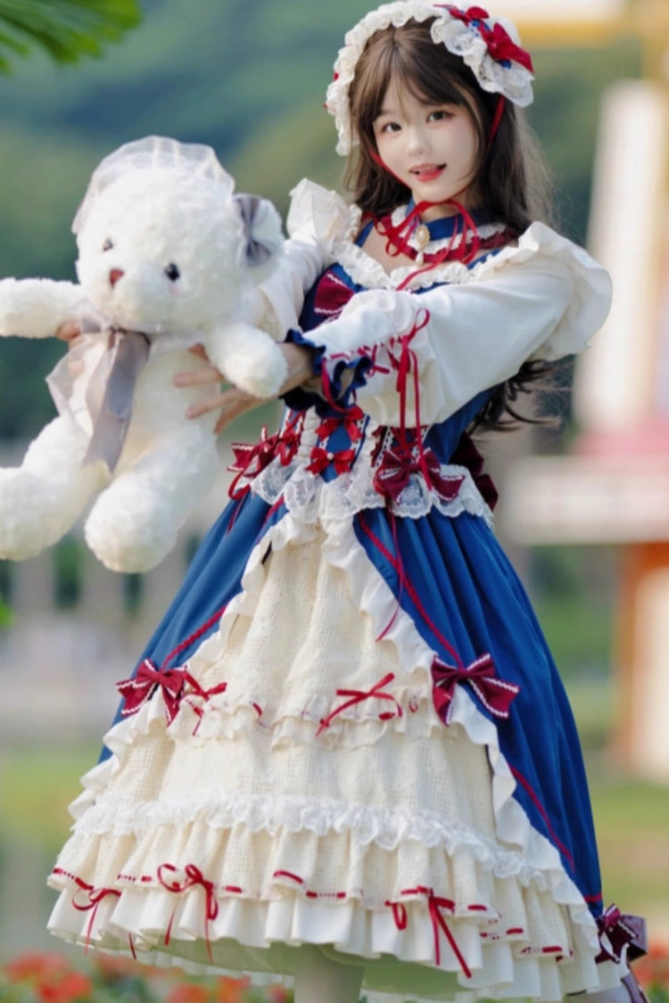 White-Blue Long Sweet Lolita Ruffle Cardigan Bowknot Dress
