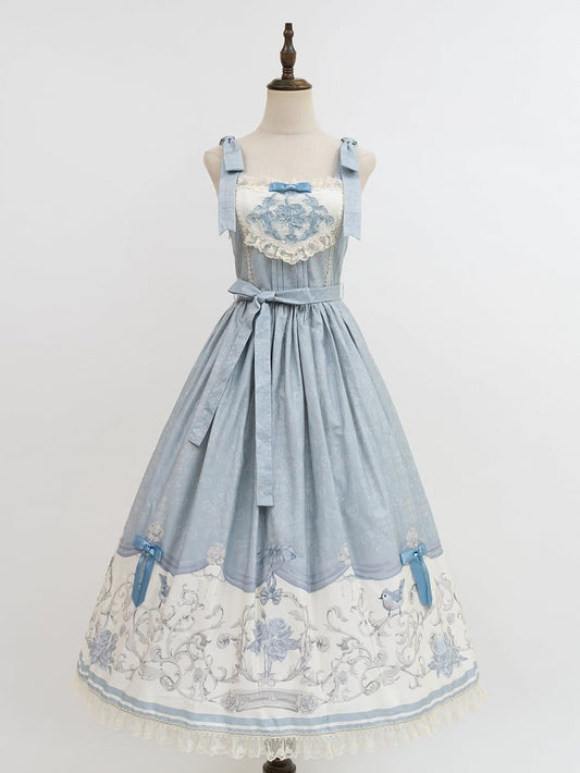 Floral Blue Lolita Jumper Skirt Print and Titmouse