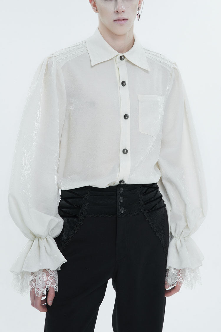 Ivory Gothic Shirt with Puff Sleeves and Lace Hem for Men