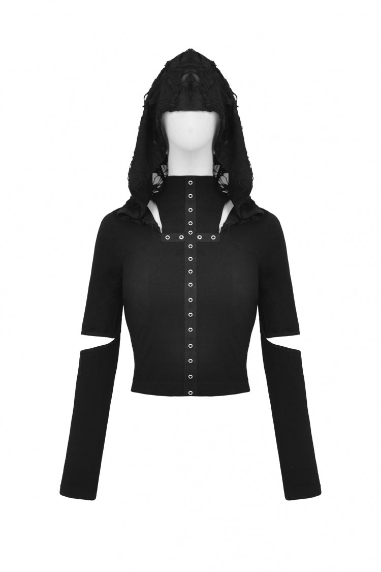 Raven Cross Eyelet Cut-Out Punk Crop Top with Ripped Hood for Women
