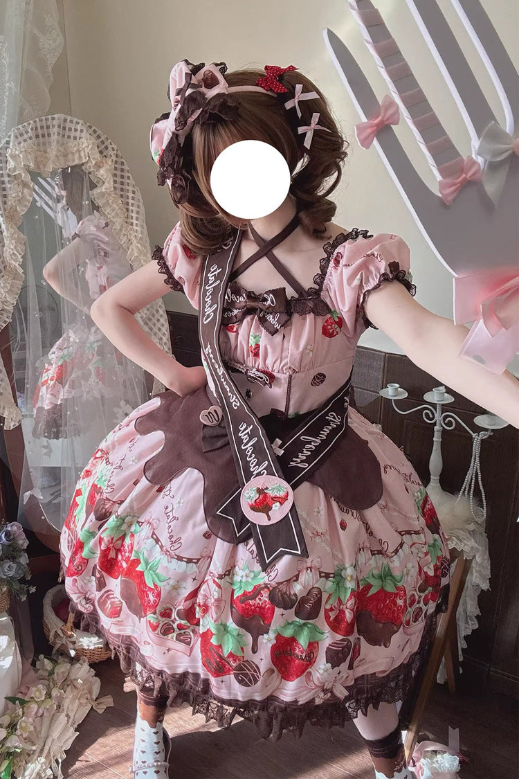 Square Collar Short Sleeves Printed Ruffled Bow Lace Sweet Lolita Dress - Strawberry Chocolate Lover