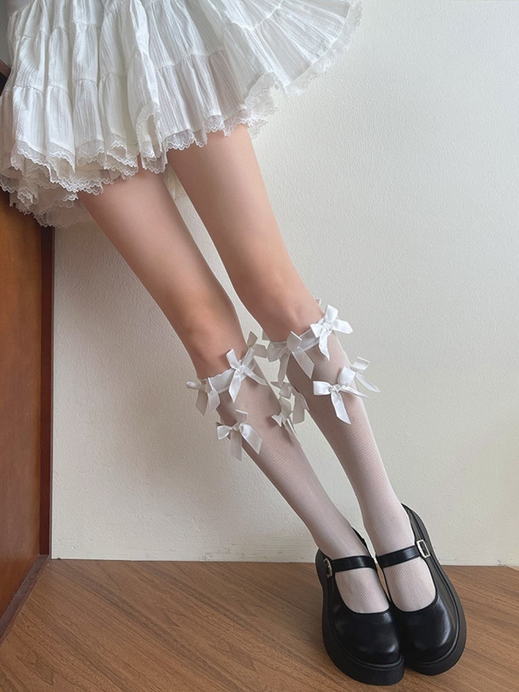 Stockings Underknee Details Bowknot Semi-sheer White/Black