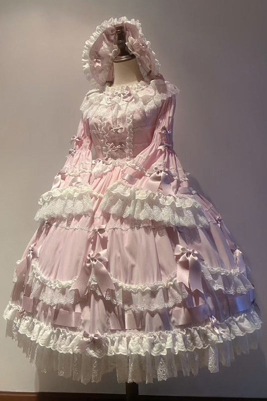 Pink Round Collar Long Trumpet Sleeve Bow Lace Elegant Princess Dress