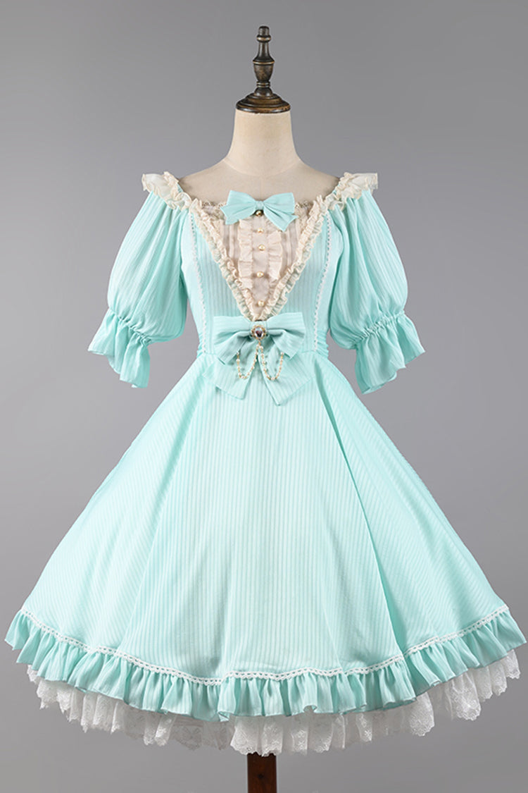 Solid Color Short-Sleeved Ruffled Bowknot Sweet OP