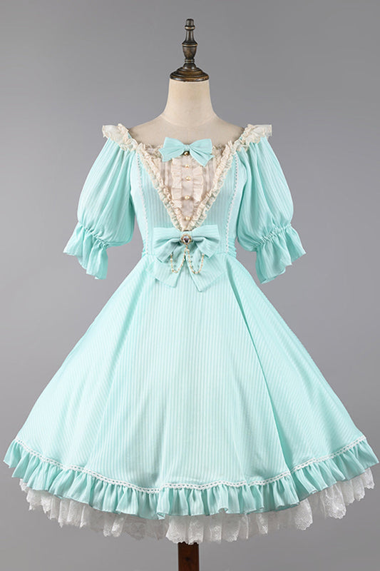 Solid Color Short-Sleeved Ruffled Bowknot Sweet OP