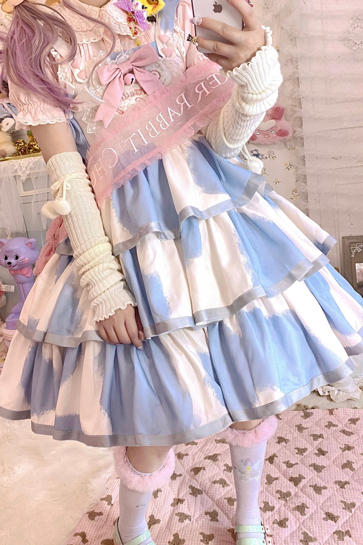 Blue Sleeveless Triple Layer Cow Print Ruffle Bow Sweet Jsk