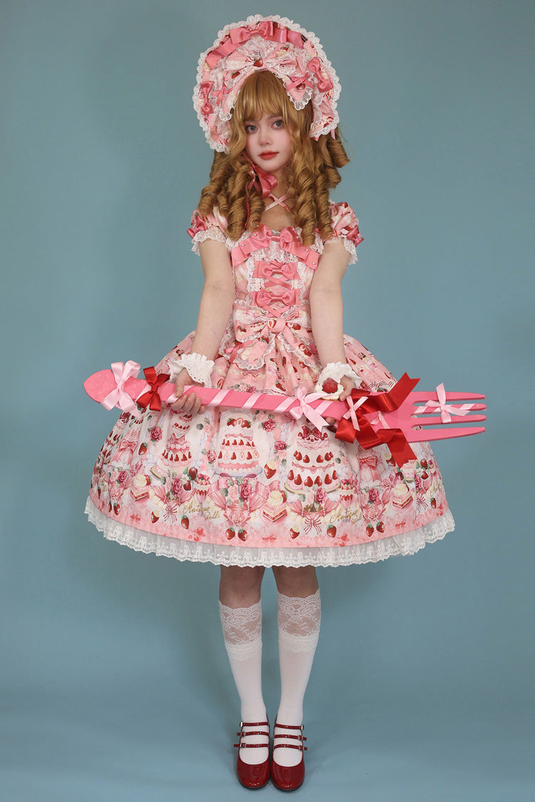 Strawberry Cake Bouquet Print Square Collar Short Sleeve Bow Lace Sweet Lolita Dress - 3 Colors