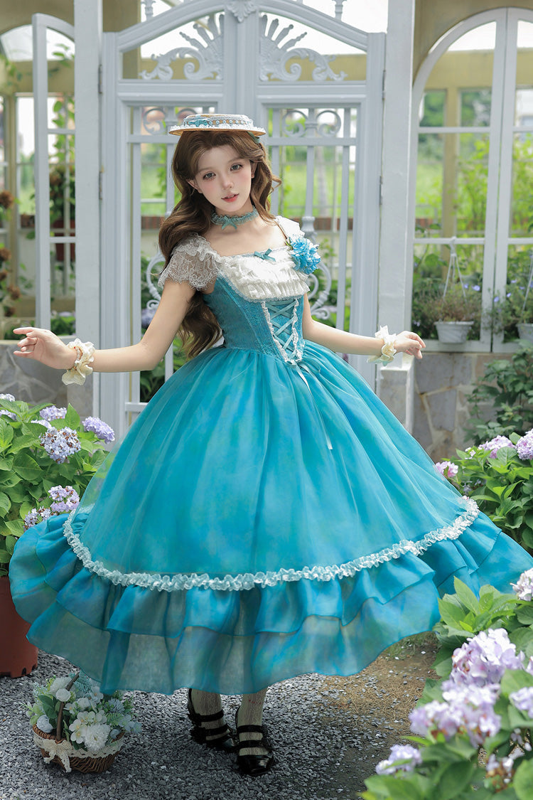 Water Lily Square Collar Ruffled Lace-Up Royal Lolita Dress