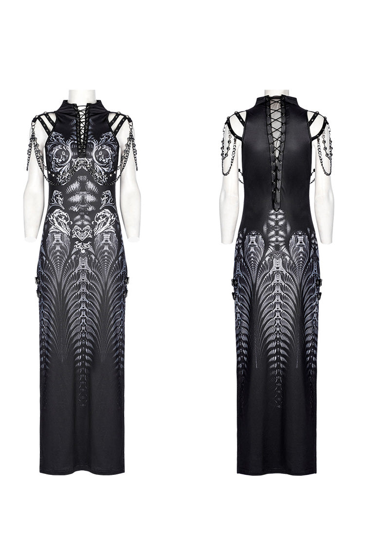 Black Printed Lace-Up Side Slit Gothic Gown with Chain