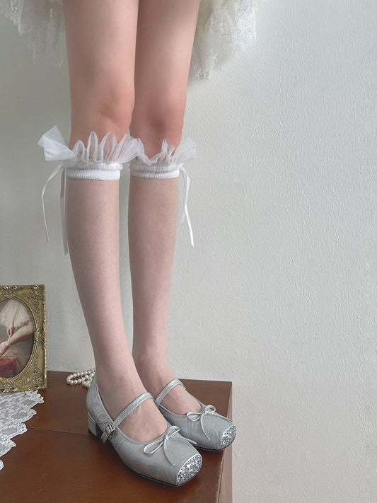 Tulle Bowknot White Details Ruffled Underknee Stockings