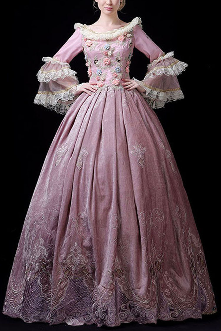 Pink Multi-Layer Trumpet Sleeve Victorian Gown - 3D Flower Embroidery