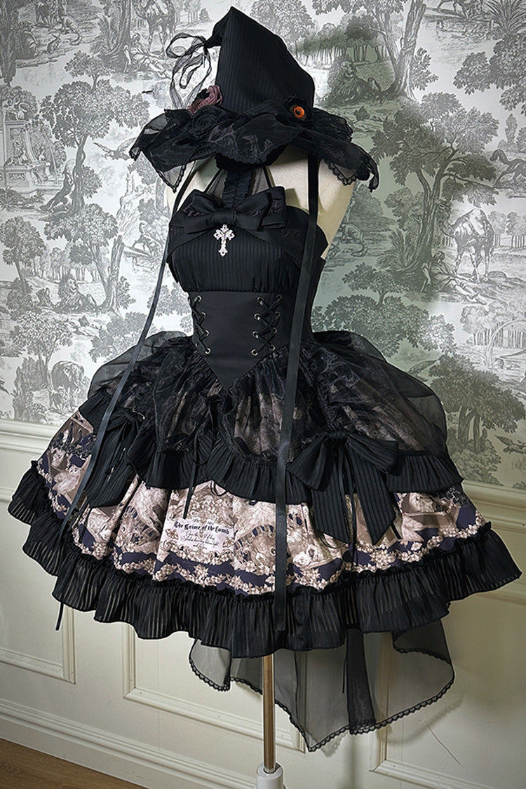 Black Halterneck Print Bowknot Drawstring Gothic Lolita Dress