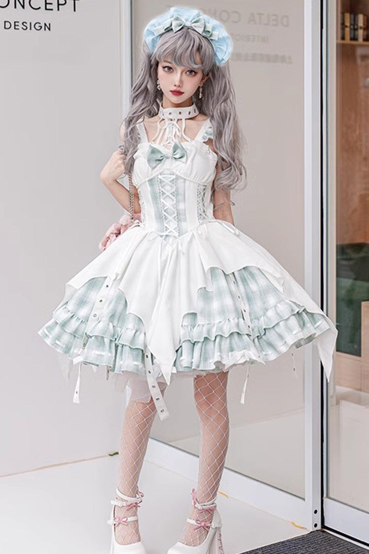 Rock Radio Wave Gothic Lolita Asymmetric Grid Print Bowknot Dress 3 Colors