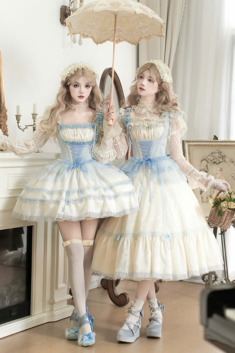 Ivory Square Collar Short Sleeve Ruffle Fishbone Sweet Short Dress - Sea Salt Iced Tea