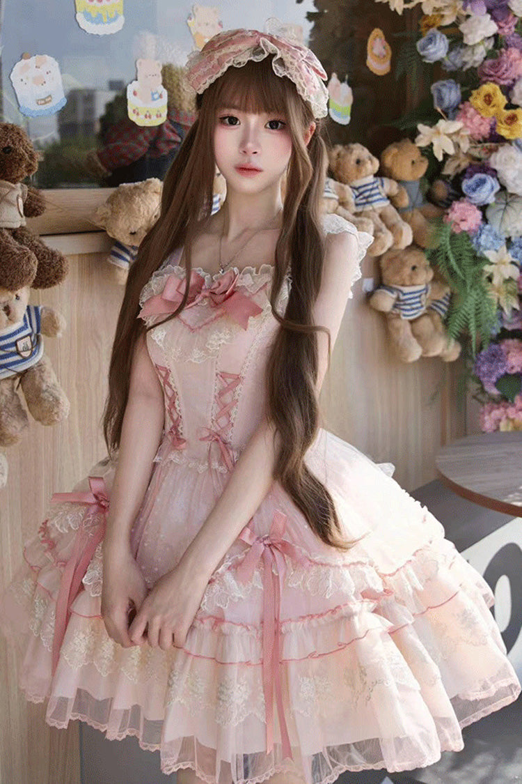 Magenta Sleeveless Ruffle Bow Lace Corset Sweet Jumper Dress - Candy House