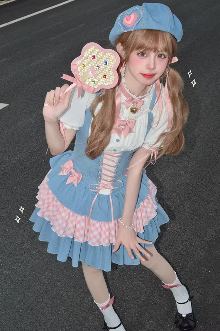 Blue Pink Rock Ballet Printed Triple-Layered Ruffled Bow Lace-Up Sweet Jsk Dress