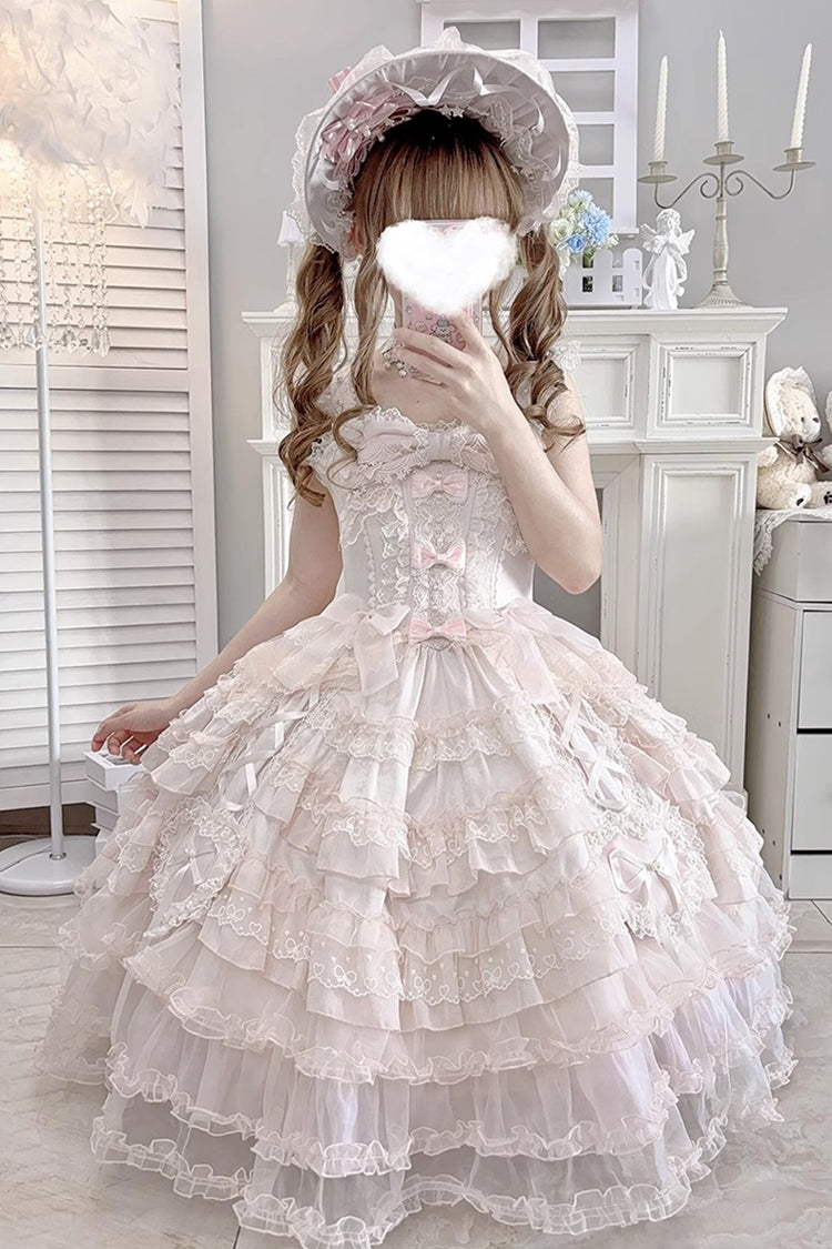 Rosy Ruffle Cascade Bow Embellished Sweetheart Lolita Jumper Dress - Sweetheart Diary