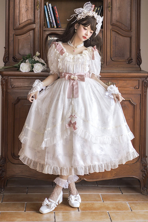 Ivory Sweet Lolita Dress with Rounded Collar and Long Hanayome Style