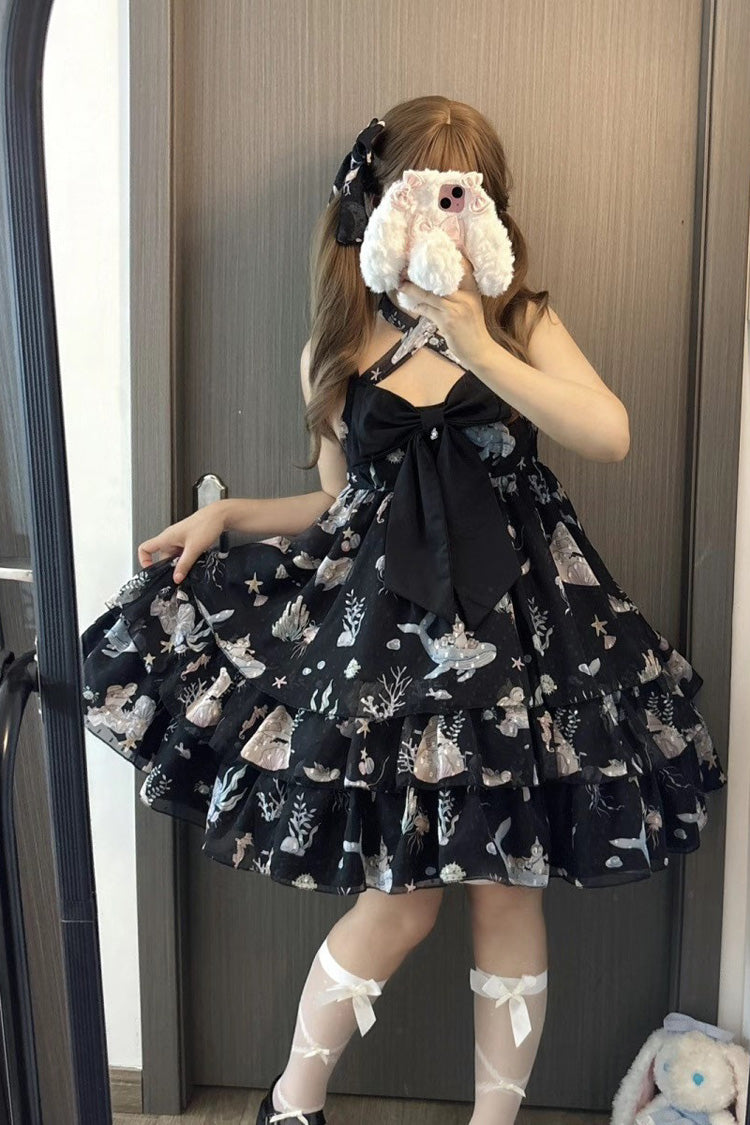 Ocean Sweetheart Halterneck Sleeveless Triple-Layered Printed Ruffled Bow Lace Sweet Strap Dress
