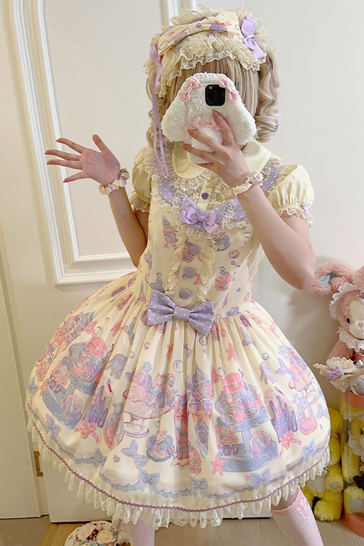Mermaid Print Bowknot Lace Strap Dress - Light Yellow