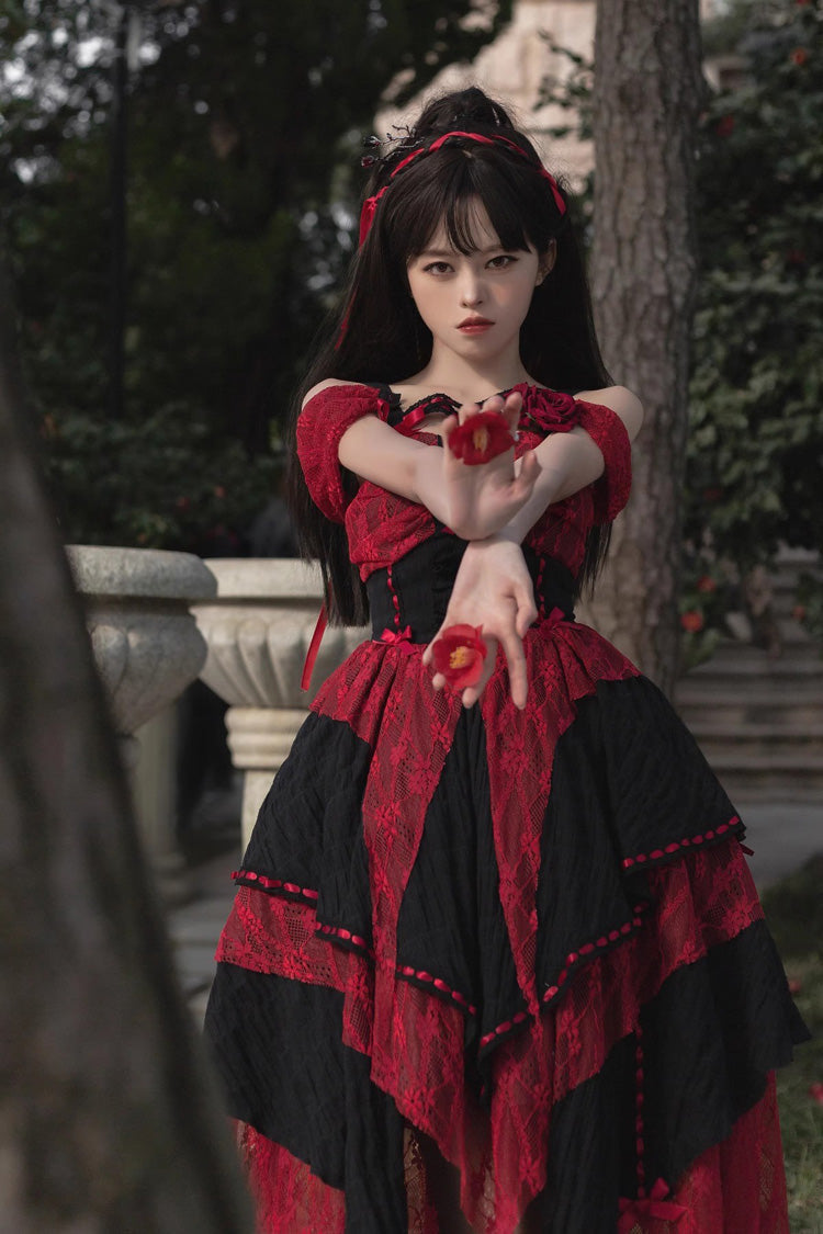 Crimson Noir Sleeveless High-Waist Patterned Asymmetrical Gothic Corset Dress