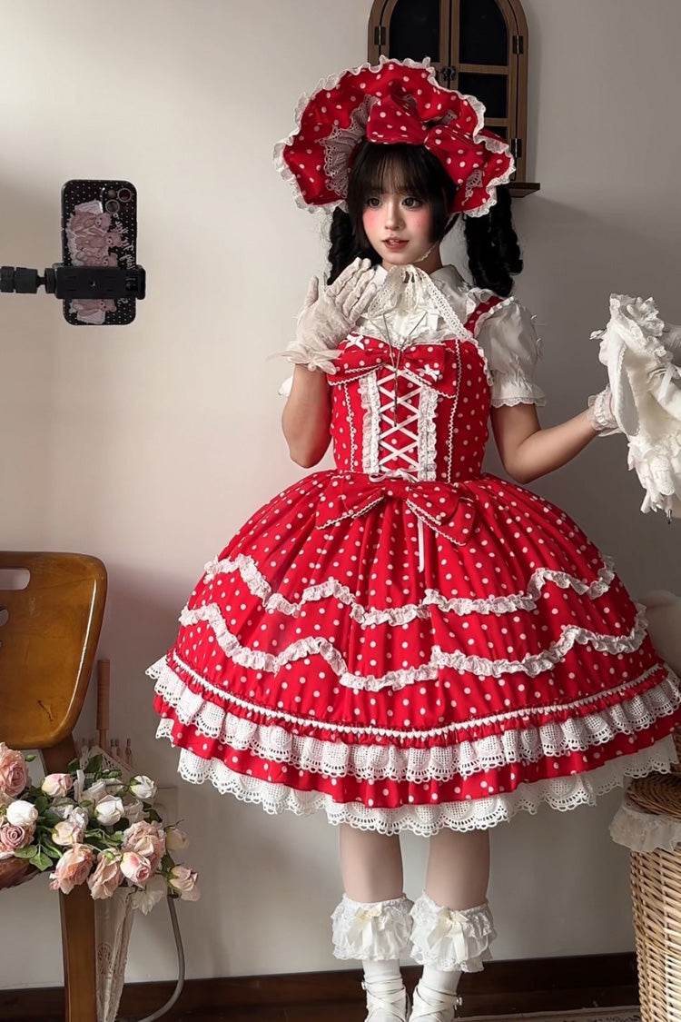 Red Polka Dot Floral Ruffle Lace Up Sweet Lolita Dress