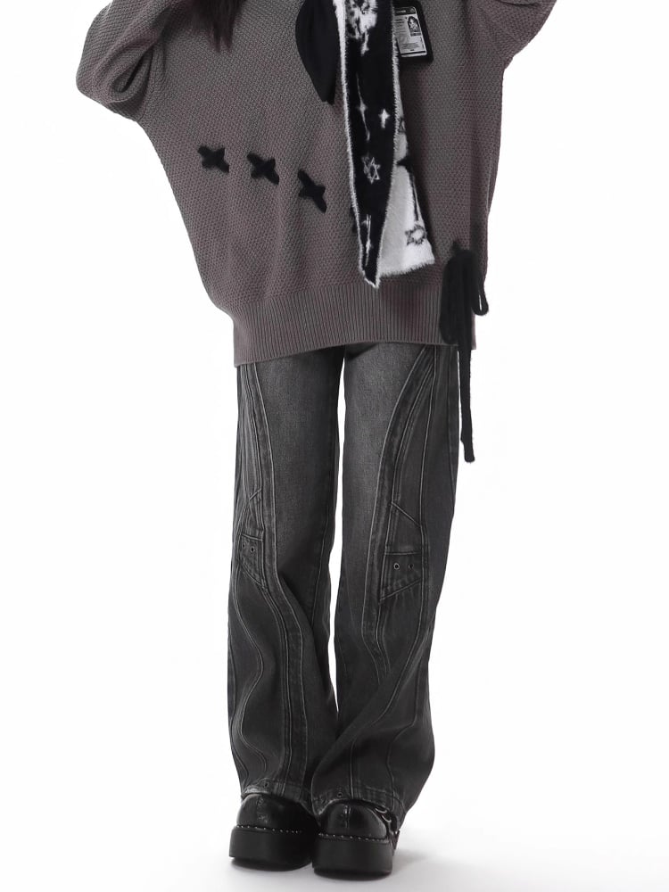 Dark Gray Distressed Faded Wash Wide-Leg Jeans