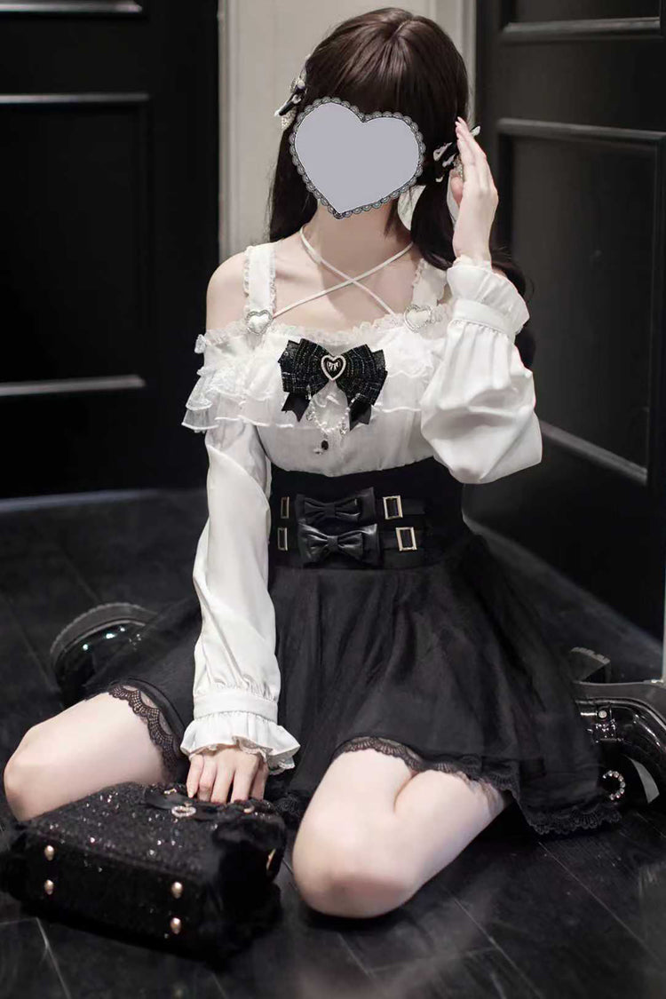 Black Solid Color Bow Sweet Jirai Kei Skirt