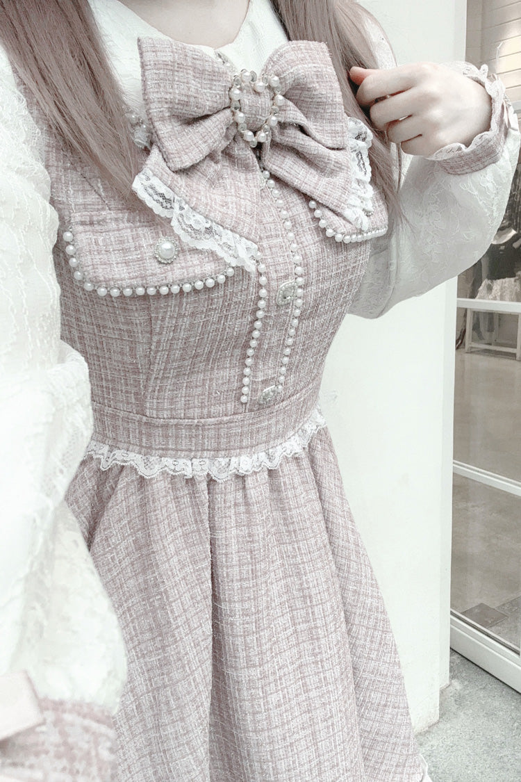 Jirai Kei Dress with Bowknot, Lace, Pearl Details, Long Sleeves, Grey/Pink