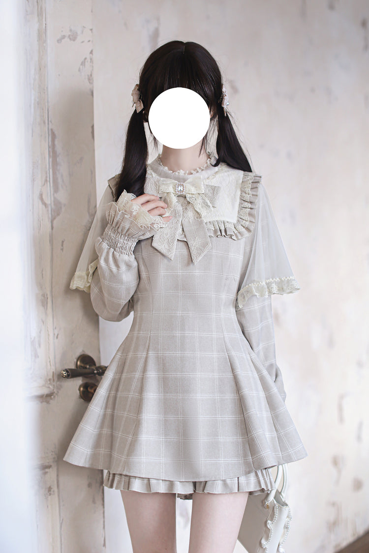 Light Brown Long Sleeve Plaid Print Ruffled Bow Jirai Kei Dress