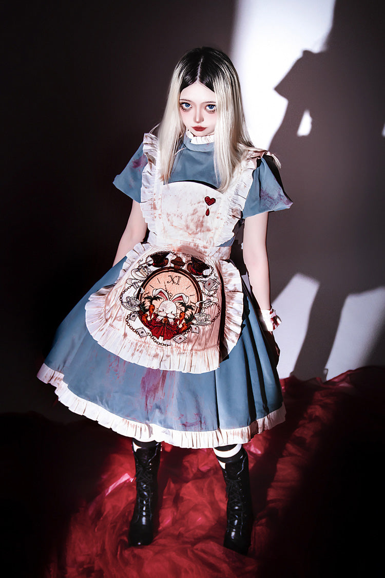 Blue Gothic Lolita Dress with Long Sleeves and Ruffles