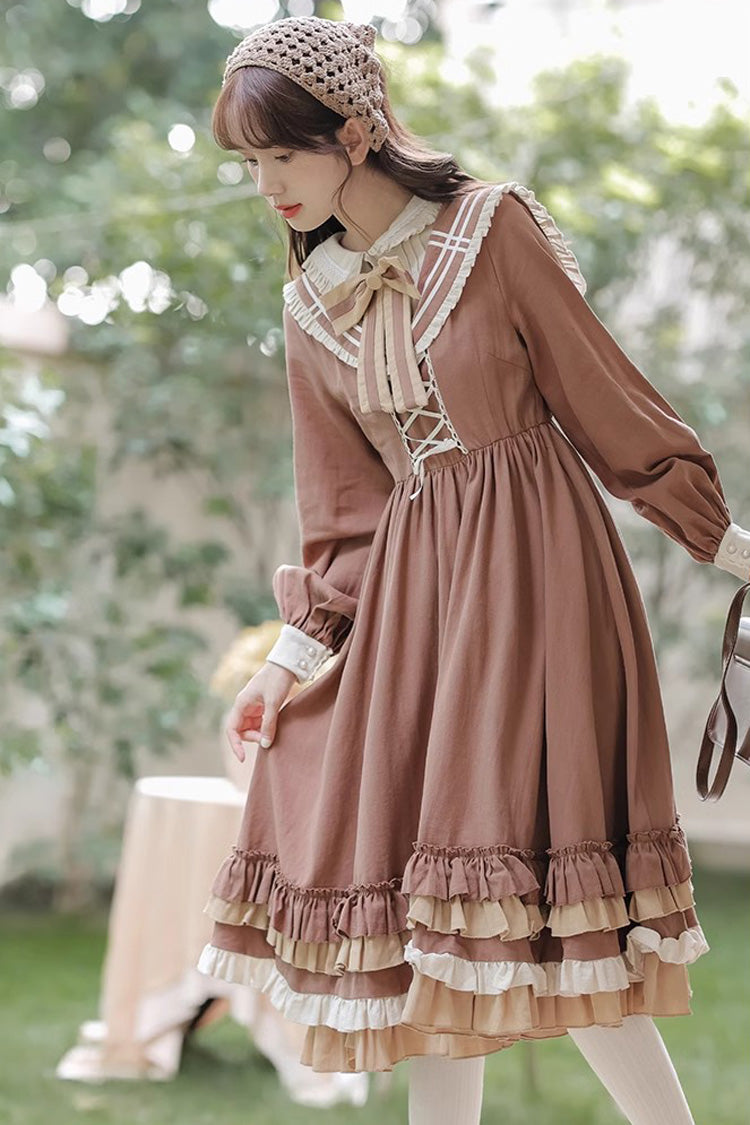 Brown Layered Dress with Ruffles - Sweet Lolita