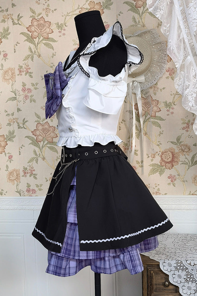 Monochrome Bow-Adorned Sweet Jirai Kei Skirt Set with Short Sleeves