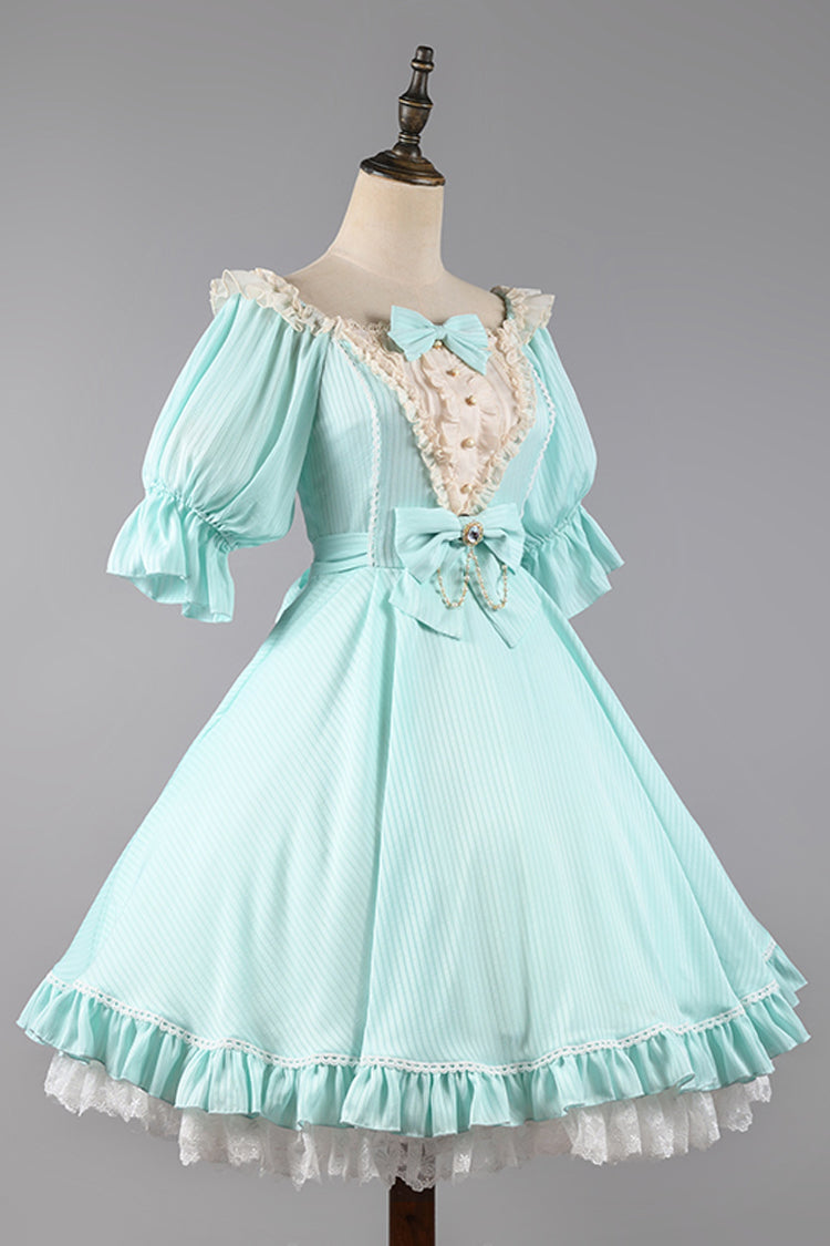 Solid Color Short-Sleeved Ruffled Bowknot Sweet OP