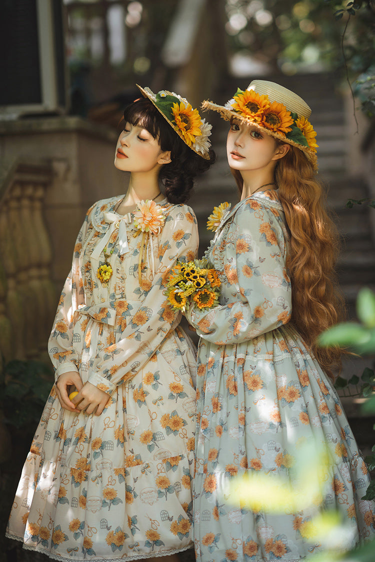Green Sunflower Long Sleeve Floral Bow Elegant Lolita Dress