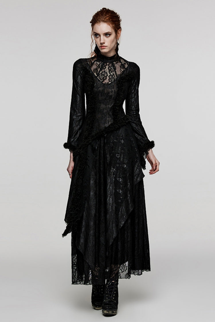 Ebony Long Bell Sleeves Cutout Stitching Lace Mesh Gothic Gown