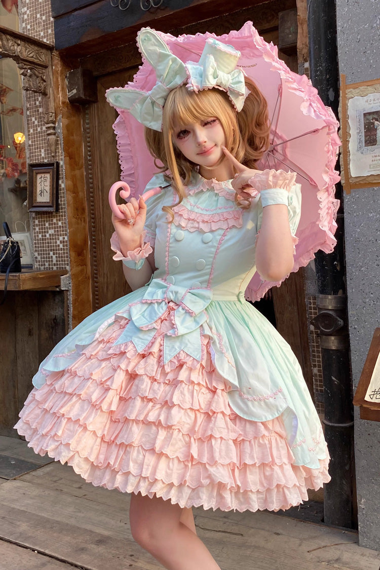 Pink Green Honeydew Melon Short Sleeve Layered Ruffle Bow Sweet Dress