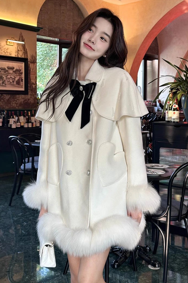Ivory Bow Accent Sweet Princess Cape Coat